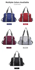 Showcase of large waterproof nylon tote bags in blue, red, purple, grey, and black colors