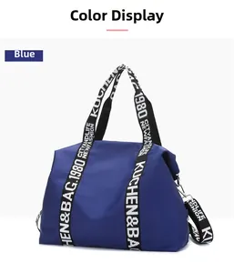 Detail of blue waterproof nylon tote showing the stylish printed shoulder strap and metal buckle