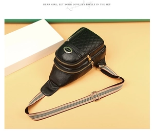 Detailed view of black faux leather crossbody chest bag with quilted pattern and gold zippers