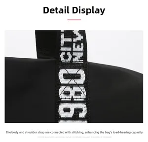 Detail of waterproof nylon tote bag showing reinforced stitching and city logo strap