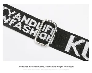 Detail view of durable nylon adjustable shoulder strap with fashion lettering and metal buckle