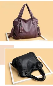 Detailansicht der Damenhandtaschen aus strukturiertem Leder mit Quasten und Schnalle