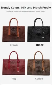 Détail de quatre cabas embossés crocodile en marron, noir, bordeaux et café foncé