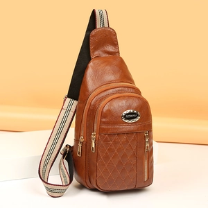 Rhombic Quilted Litchi Grain PU Leather Chest Sling Bag For Women Multi Pocket Casual Streetwear With Striped Strap