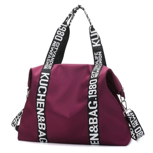 Waterproof burgundy nylon travel tote bag with contrast letter straps and large capacity