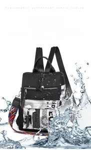 Close-up of waterproof Oxford fabric backpack with newspaper print and water splashes