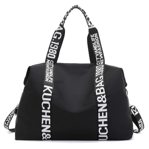 Waterproof black nylon tote bag with high capacity and contrast print straps for travel