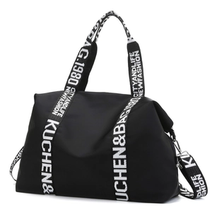Waterproof black nylon tote travel bag with large capacity and logo jacquard straps