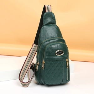Women's dark green crossbody chest bag with diamond stitch and striped strap