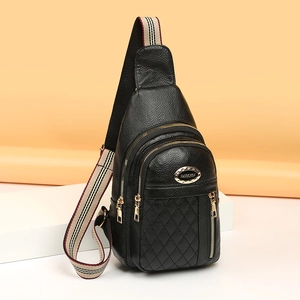 Black quilted faux leather crossbody bag with multiple zippers and striped strap