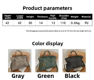 Size chart showing large vintage rivet tote dimensions with fringe and handle height details