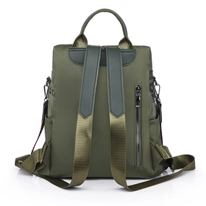 Army green Oxford fabric backpack for women featuring leather straps and back zipper pocket