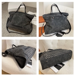 Four views of a gray studded tote bag with fringe, showing front, back, side and bottom