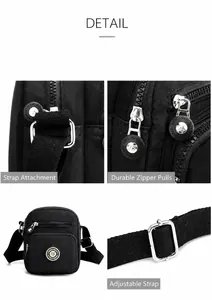 Macro shot of durable metal zippers and adjustable buckle on black nylon crossbody bag