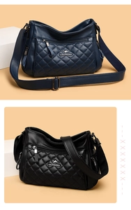 Close-up of quilted pattern and texture on black and navy faux leather crossbody bags