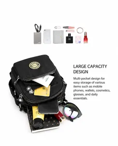 Close-up of a black multi-pocket nylon crossbody bag showing large storage capacity