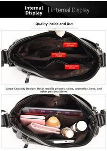 Internal view of the black leather bag showing multi-compartment large capacity storage