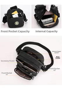 Detail view of Oxford cloth shoulder bag showing multi-pocket structure and large capacity