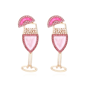 Creative Cocktail Glass Drop Earrings Alloy Enamel Rhinestone Faux Artificial Pearl Pink Gold Fashion Jewelry For Women Girls
