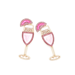 Whimsical cocktail glass earrings with pink enamel and sparkling crystals on gold frame