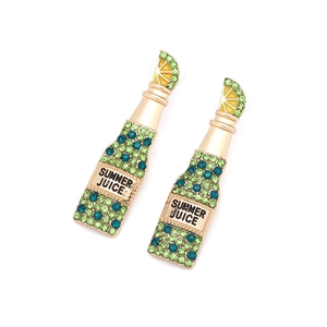 Summer juice bottle earrings with green rhinestones and lemon slice detail in gold finish