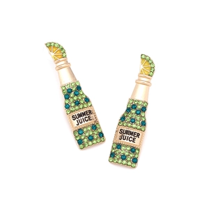 Enamel lemon juice bottle stud earrings with green and blue crystals on golden alloy