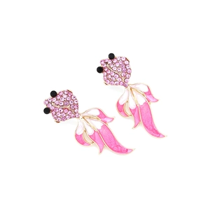 Boucles d'oreilles poisson rouge en émail rose et blanc avec strass brillants style mode