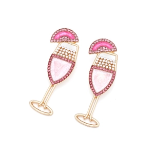 Creative cocktail glass earrings with pink crystals and pearls on a gold plated base