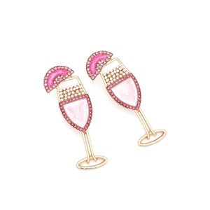 Pink rhinestone wine glass earrings with pearls and enamel fruit slice detail