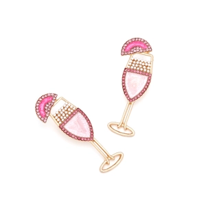 Pink rhinestone cocktail glass earrings with pearls and marble enamel detail
