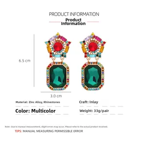 Detail view of colorful rhinestone earrings with precise size dimensions and alloy texture