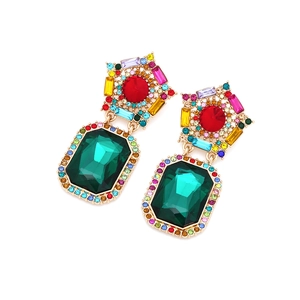 Luxury alloy star earrings with colorful rhinestones and emerald-cut green gemstones