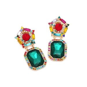 Luxury oversized geometric earrings with colorful rhinestones and large emerald drop stones