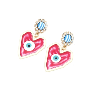 Evil eye heart drop earrings with pink enamel and sparkling rhinestone details