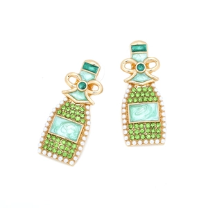 Französische Vintage-Strass-Weinflaschen-Ohrringe mit Schleife und Perlen in Goldlegierung