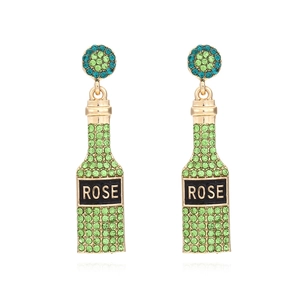 Green Rhinestone Wine Bottle Drop Earrings Golden Alloy Enamel Champagne Dangle Jewelry Fun Accessory For Women