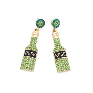 Sparkling champagne bottle drop earrings with green rhinestones and ROSE lettering