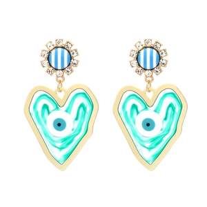 Evil eye heart dangle earrings in gold finish with marble texture and sunflower stud