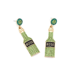 Detailed macro shot of champagne bottle earrings with green rhinestones and ROSE text