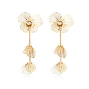 Elegant Hollow Metal Flower Long Drop Earrings Gold Tone Alloy Rhinestone Multi Layer Statement Jewelry For Women
