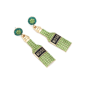 Luxe champagne bottle earrings with green crystals and gold accents on white background
