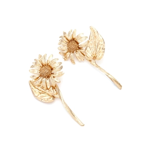 Vintage golden sunflower earrings with realistic leaf design and textured petals