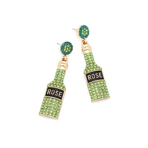 Champagne bottle earrings with green rhinestones and ROSE lettering on white background