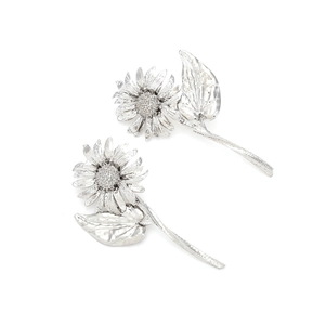 Close-up of silver sunflower drop earrings with detailed leaf and hammered metal texture