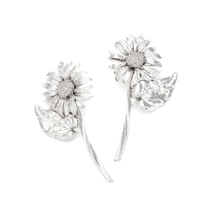 Detailed close-up of silver sunflower earrings with multi-layered petals and leaf texture