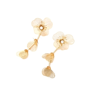 Exaggerated gold multi-layer metal flower earrings with sparkling rhinestone center