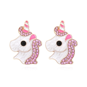 Boucles D'oreilles Licorne Dessin Animé Émail Blanc Strass Rose Alliage Plaqué Or Bijoux Pour Filles