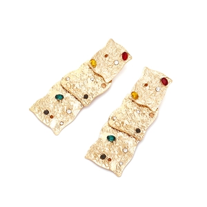 Vintage gold multilayer square earrings with colorful rhinestones and hammered texture