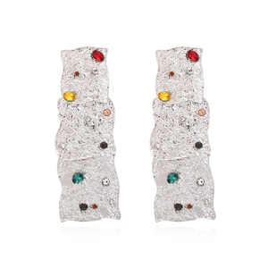Vintage layered irregular square earrings with multicolor rhinestones in silver finish