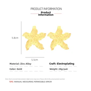 Macro view of gold starfish earrings with size specs and zinc alloy plating details